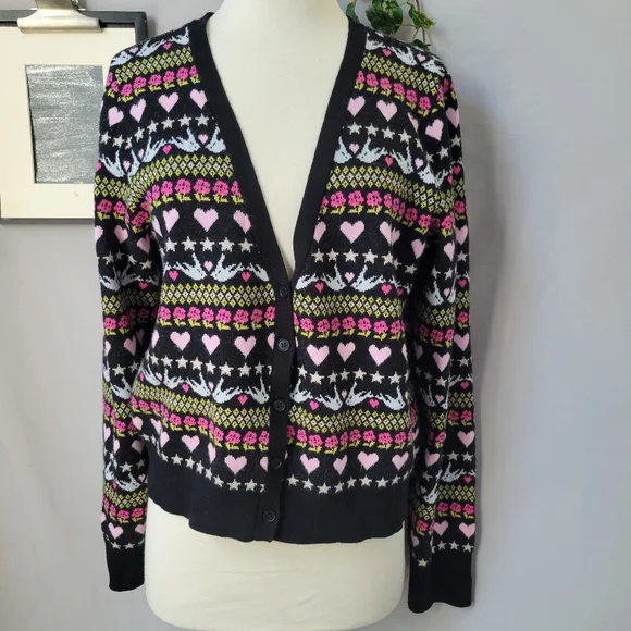 Anthropologie Maeve Hearts Dove Floral Cropped Novelty Cardigan Sweater L - Picture 2 of 14